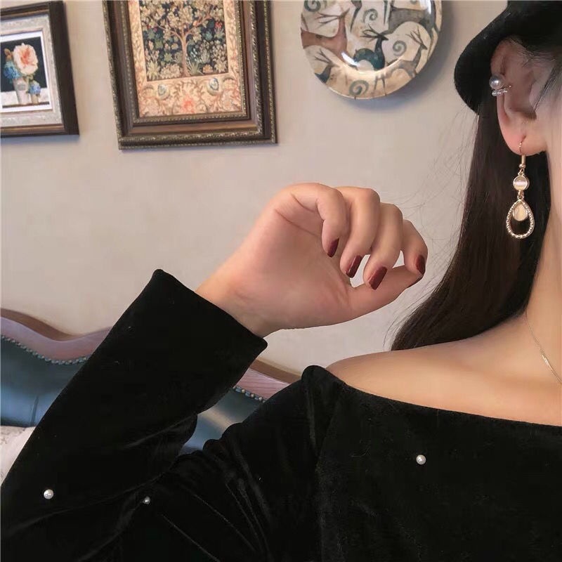 Bông Tai Đá Mắt Mèo Ngắn Phong Cách Pháp Cổ Điển Thời Trang Cao Cấp Không Cần Xỏ Khuyên