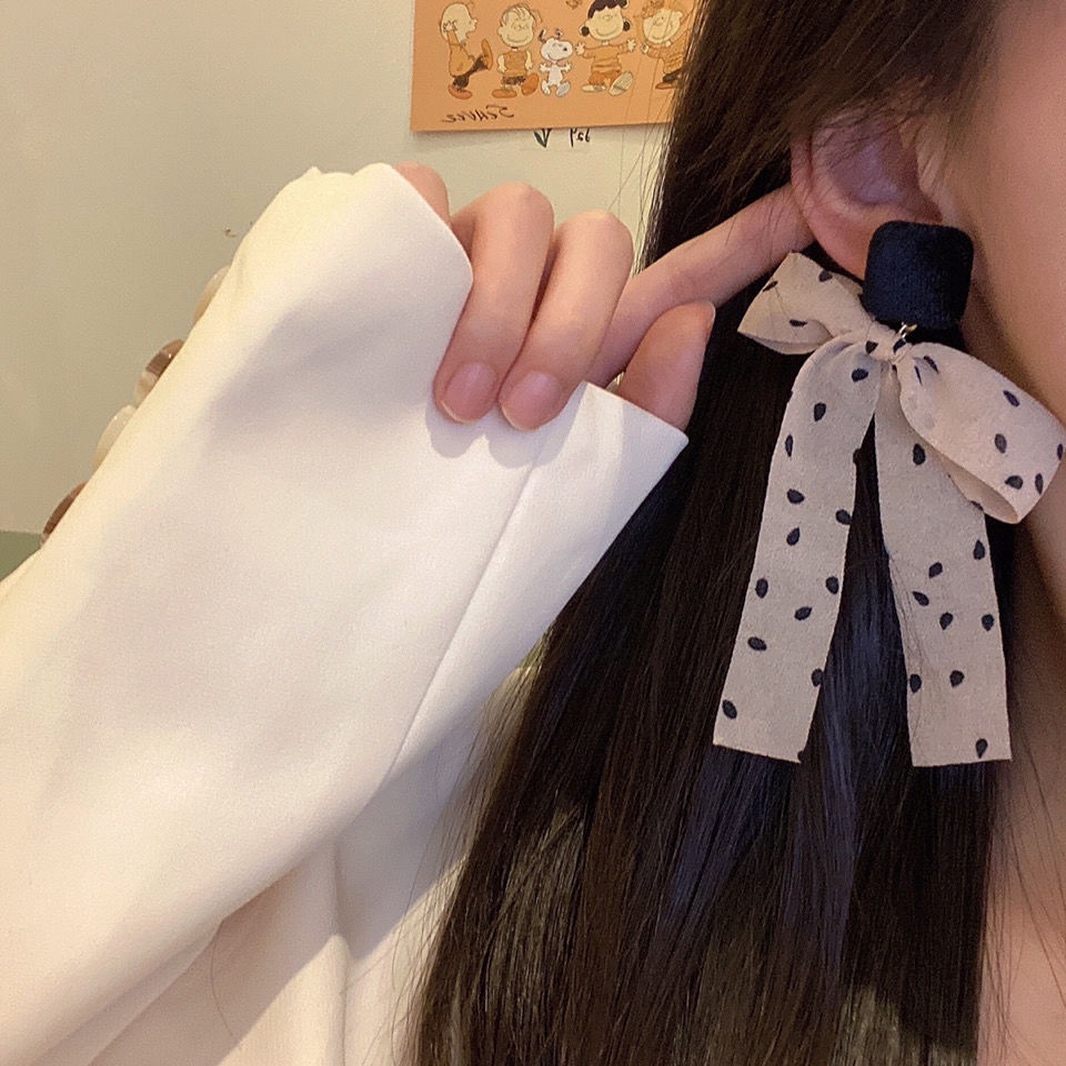 Bông Tai Hình Nơ Họa Tiết Chấm Bi Bằng Bạc Phong Cách Hàn Quốc Thời Trang