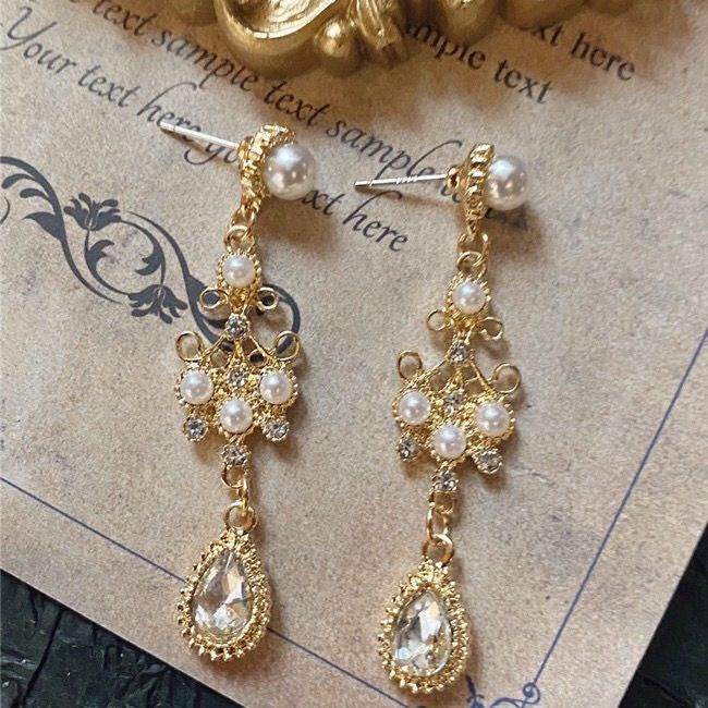 Bông Tai Dáng Dài Đính Ngọc Trai Thủy Tinh Không Cần Xỏ Khuyên Phong Cách Cung Điện Baroque Cổ Điển