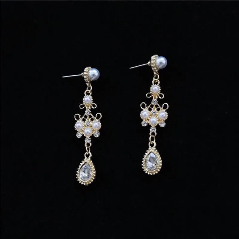 Bông Tai Dáng Dài Đính Ngọc Trai Thủy Tinh Không Cần Xỏ Khuyên Phong Cách Cung Điện Baroque Cổ Điển