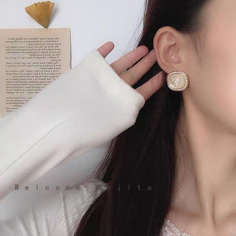 Bông Tai Đính Đá Vỏ Sò Trắng Phong Cách Hong Kong Cổ Điển Thời Trang Cao Cấp Cho Nữ