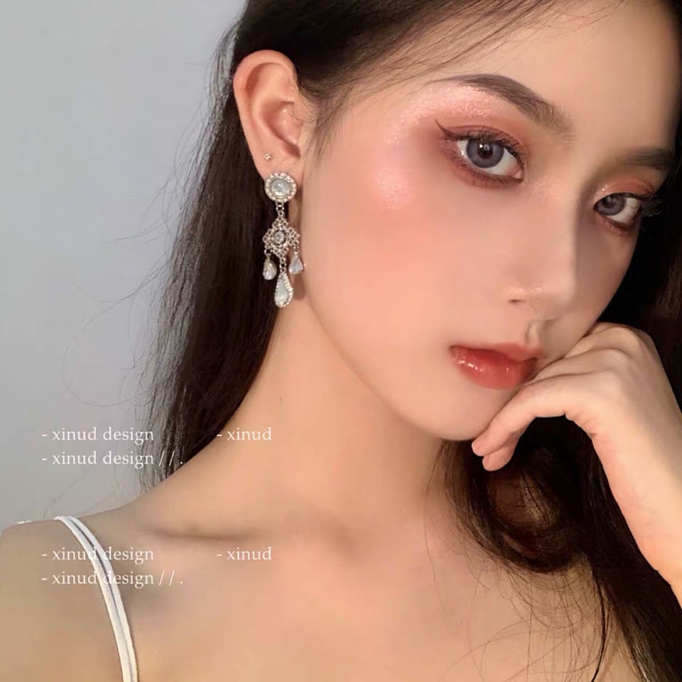 Bông Tai Mạ Bạc 925 Trong Suốt Màu Xanh Dương Phong Cách Baroque Ngọt Ngào