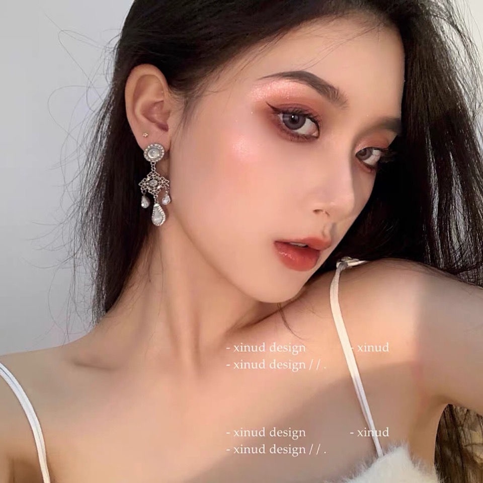 Bông Tai Mạ Bạc 925 Trong Suốt Màu Xanh Dương Phong Cách Baroque Ngọt Ngào