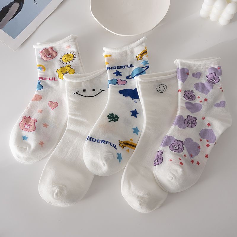 Vớ Dài Mỏng Màu Trắng In Họa Tiết Hoạt Hình Dễ Thương Thời Trang Thu Đông Phong Cách Hàn Quốc Cho Nữ