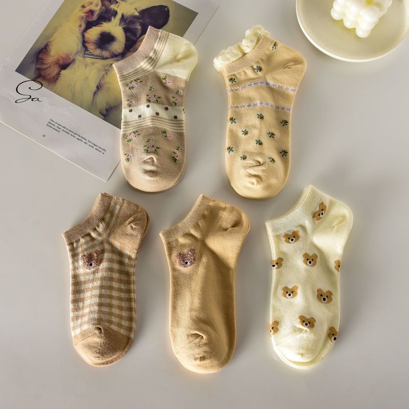 Vớ Cotton Cổ Thấp Màu Cà Phê In Họa Tiết Chú Gấu Dễ Thương Thời Trang Xuân Hè Cho Nữ