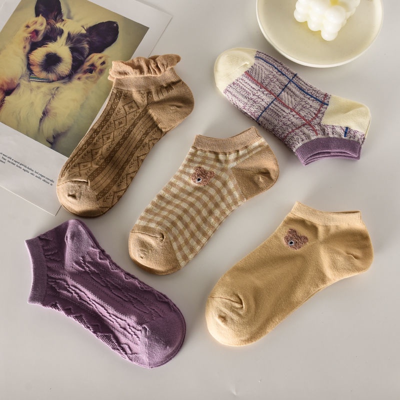 Vớ Cotton Cổ Thấp Màu Cà Phê In Họa Tiết Chú Gấu Dễ Thương Thời Trang Xuân Hè Cho Nữ
