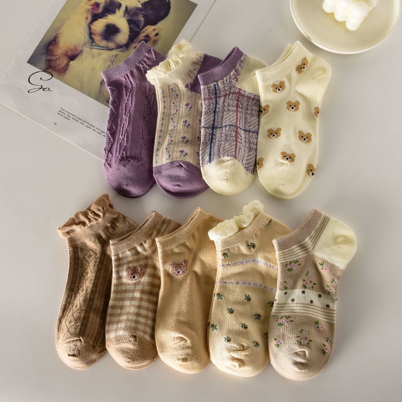 Vớ Cotton Cổ Thấp Màu Cà Phê In Họa Tiết Chú Gấu Dễ Thương Thời Trang Xuân Hè Cho Nữ