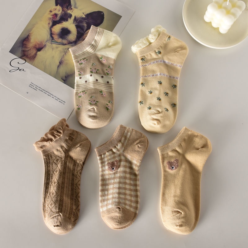 Vớ Cotton Cổ Thấp Màu Cà Phê In Họa Tiết Chú Gấu Dễ Thương Thời Trang Xuân Hè Cho Nữ