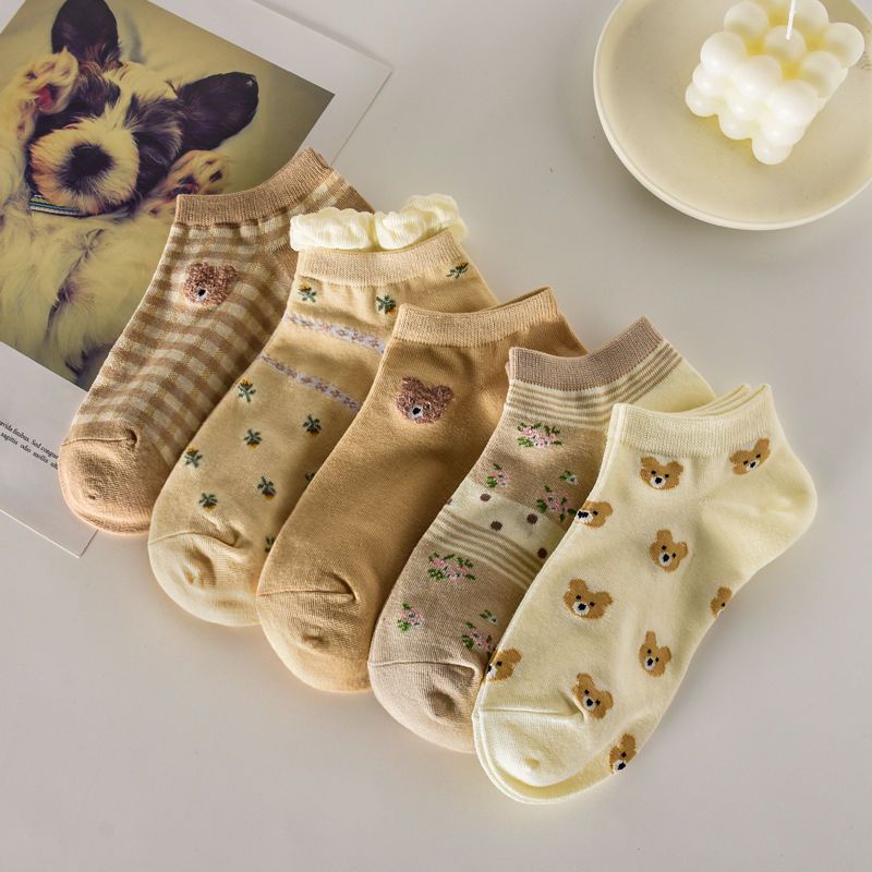 Vớ Cotton Cổ Thấp Màu Cà Phê In Họa Tiết Chú Gấu Dễ Thương Thời Trang Xuân Hè Cho Nữ