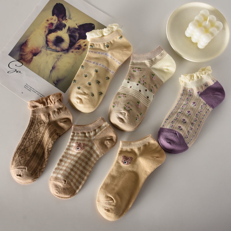 Vớ Cotton Cổ Thấp Màu Cà Phê In Họa Tiết Chú Gấu Dễ Thương Thời Trang Xuân Hè Cho Nữ