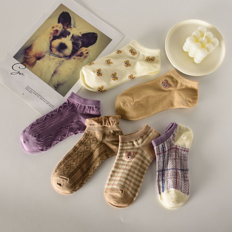 Vớ Cotton Cổ Thấp Màu Cà Phê In Họa Tiết Chú Gấu Dễ Thương Thời Trang Xuân Hè Cho Nữ