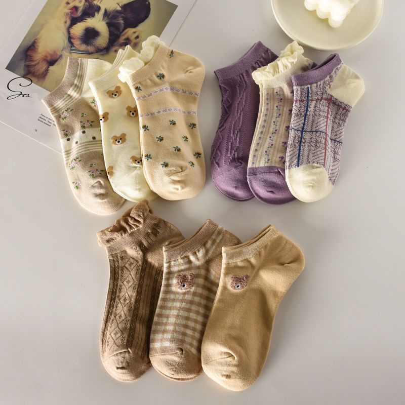 Vớ Cotton Cổ Thấp Màu Cà Phê In Họa Tiết Chú Gấu Dễ Thương Thời Trang Xuân Hè Cho Nữ