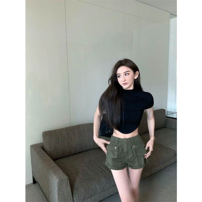 Áo Thun Lửng Tay Ngắn Cổ Cao Thời Trang Mùa Hè Cho Nữ