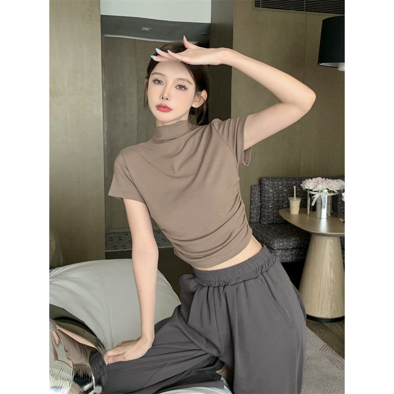 Áo Thun Lụa Lạnh Tay Ngắn Cổ Cao Dáng Ôm Thời Trang Mùa Hè Cho Nữ