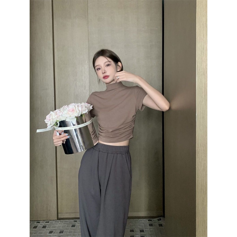 Áo Thun Lụa Lạnh Tay Ngắn Cổ Cao Dáng Ôm Thời Trang Mùa Hè Cho Nữ