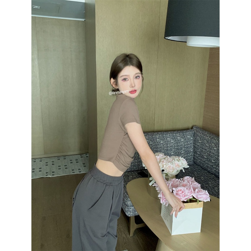 Áo Thun Lụa Lạnh Tay Ngắn Cổ Cao Dáng Ôm Thời Trang Mùa Hè Cho Nữ