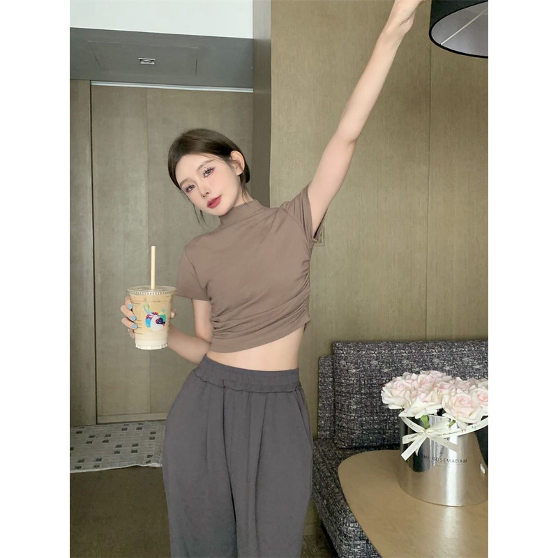 Áo Thun Lụa Lạnh Tay Ngắn Cổ Cao Dáng Ôm Thời Trang Mùa Hè Cho Nữ