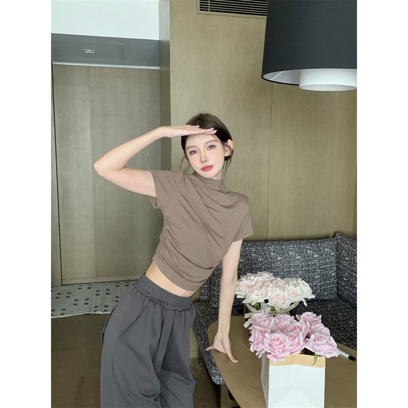 Áo Thun Lụa Lạnh Tay Ngắn Cổ Cao Dáng Ôm Thời Trang Mùa Hè Cho Nữ