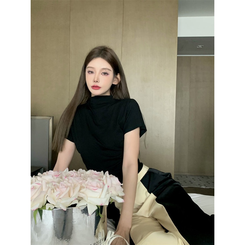 Áo Thun Lụa Lạnh Tay Ngắn Cổ Cao Dáng Ôm Thời Trang Mùa Hè Cho Nữ