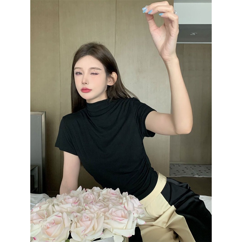 Áo Thun Lụa Lạnh Tay Ngắn Cổ Cao Dáng Ôm Thời Trang Mùa Hè Cho Nữ