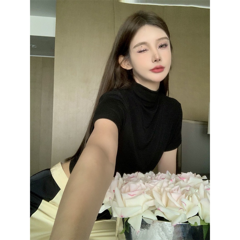 Áo Thun Lụa Lạnh Tay Ngắn Cổ Cao Dáng Ôm Thời Trang Mùa Hè Cho Nữ