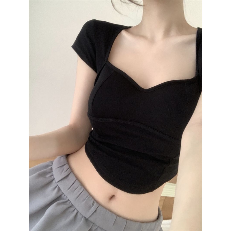 Áo Thun Ngắn Tay Cổ Vuông Có Mút Đệm Ngực Màu Đen Thời Trang Mùa Hè Dành Cho Nữ