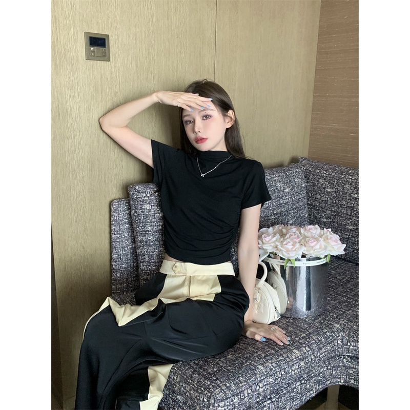 Áo Thun Lụa Lạnh Tay Ngắn Cổ Cao Dáng Ôm Thời Trang Mùa Hè Cho Nữ