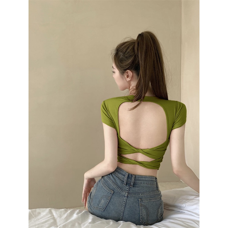 Áo Thun Ngắn Tay Cổ Vuông Có Mút Đệm Ngực Màu Đen Thời Trang Mùa Hè Dành Cho Nữ