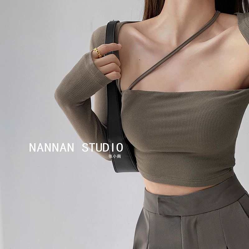 Áo Thun Tay Dài Cổ Vuông Hở Vai Màu Trơn Phong Cách Mùa Xuân Dành Cho Nữ