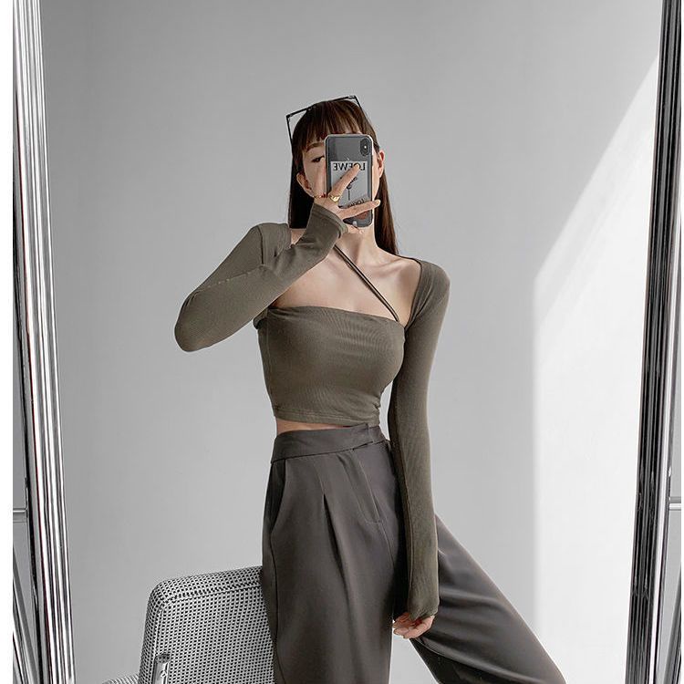 Áo Thun Tay Dài Cổ Vuông Hở Vai Màu Trơn Phong Cách Mùa Xuân Dành Cho Nữ