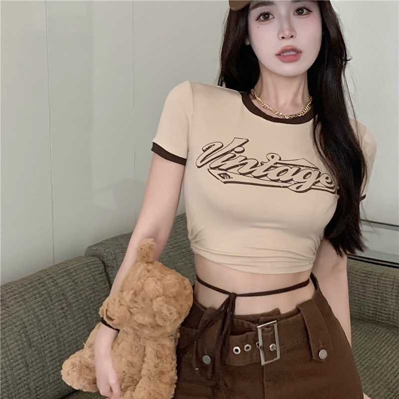 Áo Thun Ngắn Tay Trễ Vai Phong Cách Retro Mỹ Cho Nữ