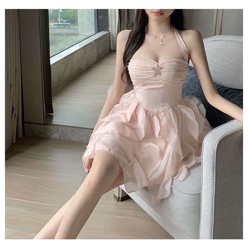 Đầm cup quây yếm , đầm nữ thiết kế phối tua rua dự tiệc