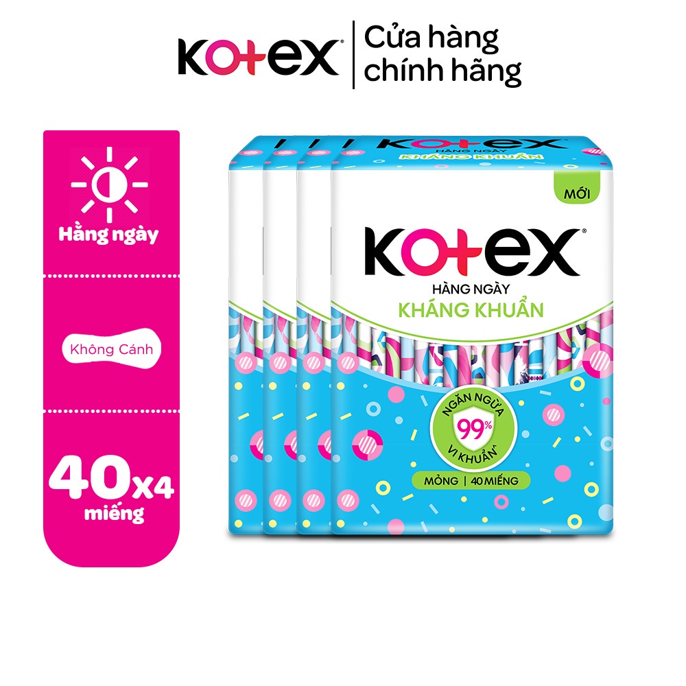 Combo 4 gói băng vệ sinh Kotex hằng ngày kháng khuẩn không cánh 40M gói