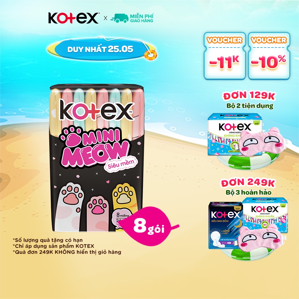 Lốc 8 Băng vệ sinh Kotex MiniMeow Siêu mềm siêu mỏng cánh 8 miếng