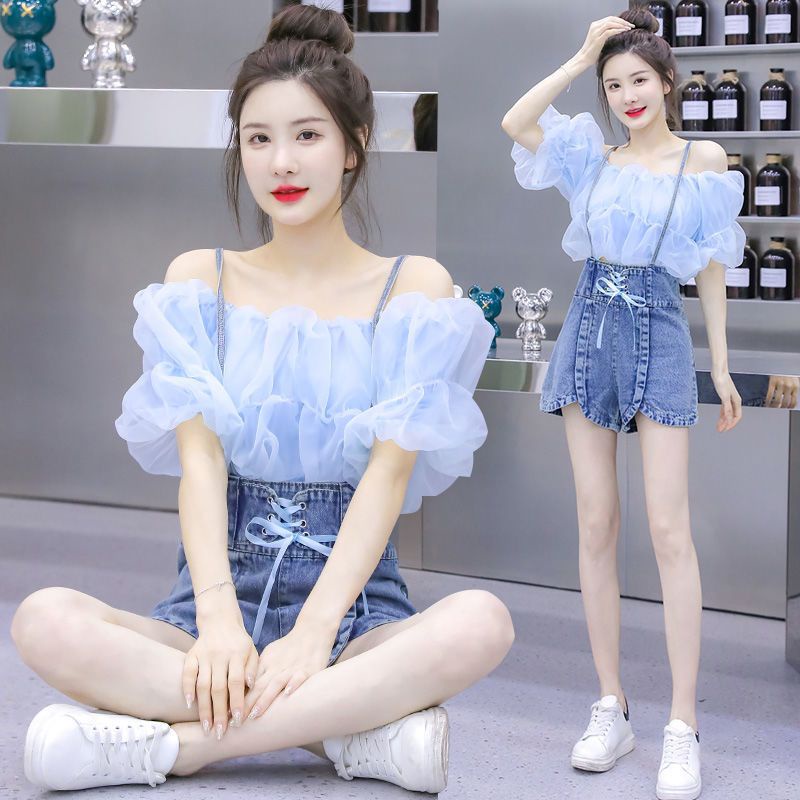 Set Áo Thun + Quần Short Yếm Denim Phong Cách Thời Trang Mới 2023 Cho Nữ
