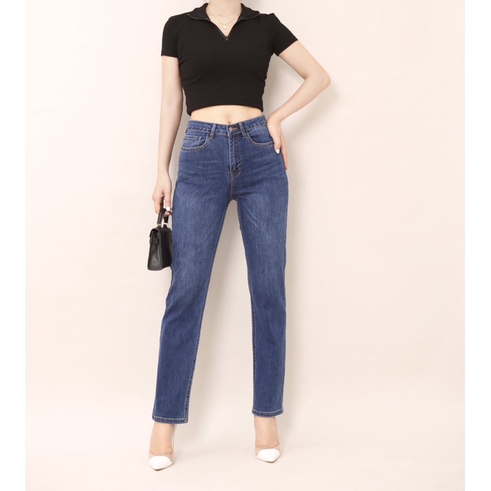 Quần jean ống suông basic cạp cao chất vải thoáng khí co giãn 4 chiều CP47, CT JEANS