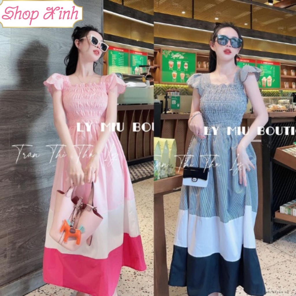 Đầm Maxi Cánh Tiên Chun Eo Phối Màu Shopxinh88 - Váy Maxi Rúm Eo Cánh Tiên Chất Liệu Lanh