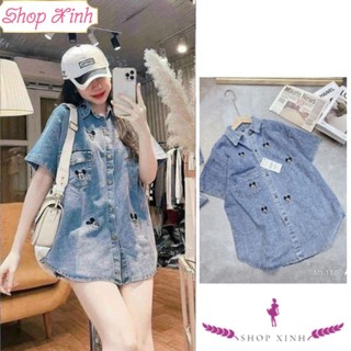 Áo sơ mi bò thêu mickey, Áo sơ mi jeans thêu nổi mickey, Áo sơ mi bò tay ngắn thêu hình chuột Mickey F444