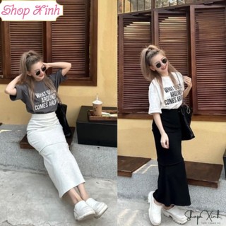 Set Áo Phông Chân Váy Đuôi Cá Shopxinh88888, Bộ đồ nữ Áo phông chữ mix chân váy midi đuôi cá