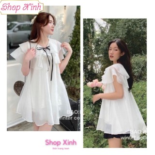 Váy Đầm Babydoll Tiểu Thư Cánh Tiên Thắt Nơ, Váy Tơ Bèo Bồng Vai Thắt Nơ Thụng Điệu