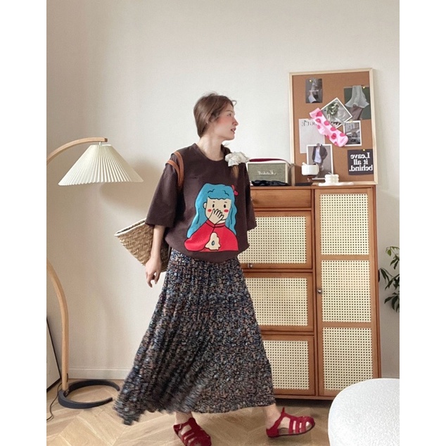 Chân váy midi hoa nhí voan mềm mát có lót voan cao cấp