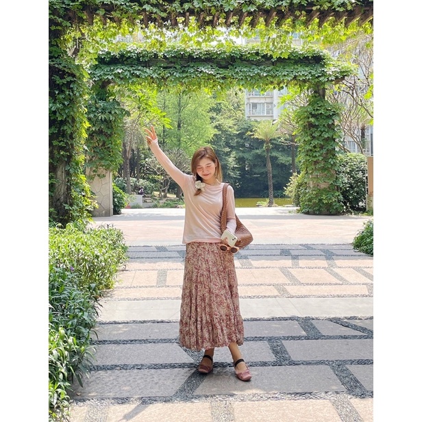 Chân váy midi hoa nhí voan mềm mát có lót voan cao cấp