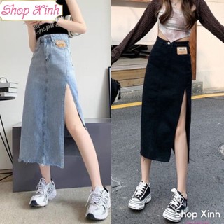 Chân váy bò xẻ tà mác da 2 màu xanh đen, Chân váy jeans xẻ mác da phong cách Hàn Quốc