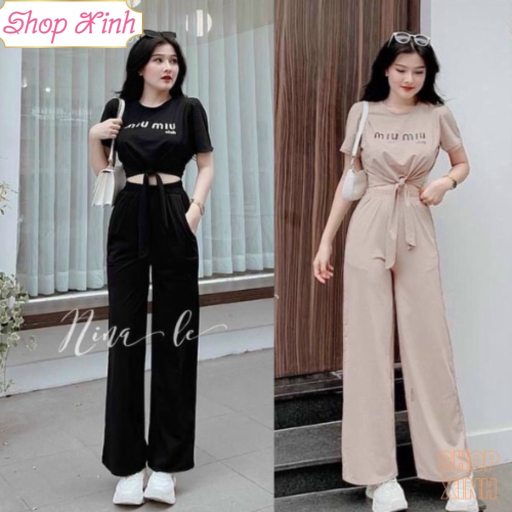 Set Bộ Croptop MiuMiu Khoét Rốn Dây Buộc Eo Quần Suông, Set Áo Crt Quần Suông Chất Liệu Tăm Li Cao Cấp G455