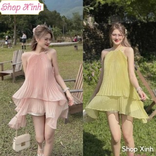Váy dập ly bèo tầng dáng yếm đi biển, Váy cổ yếm dập li 2 tầng đi biển xinh xắn