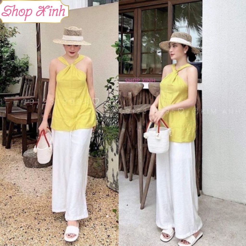 SET ÁO CỔ YẾM ĐAN CHÉO CỔ MIX QUẦN SUÔNG TRẮNG CHẤT LIỆU ĐŨI TƠ XƯỚC CAO CẤP