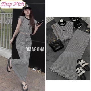 Set bộ áo váy đuôi cá thêu trái tim dây rút eo, set 2 món áo croptop kẻ ngang kèm chân váy đuôi cá