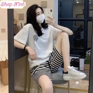 Set đùi nữ - áo phông họa tiết thánh giá màu trắng mix quần sooc đùi kẻ ngang dây rút