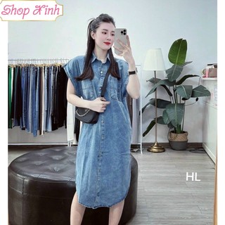 Váy bò cổ polo dáng thụng rộng, Đầm jeans cổ bẻ cánh dơi 2 túi trước cho nàng dạo phố du lịch