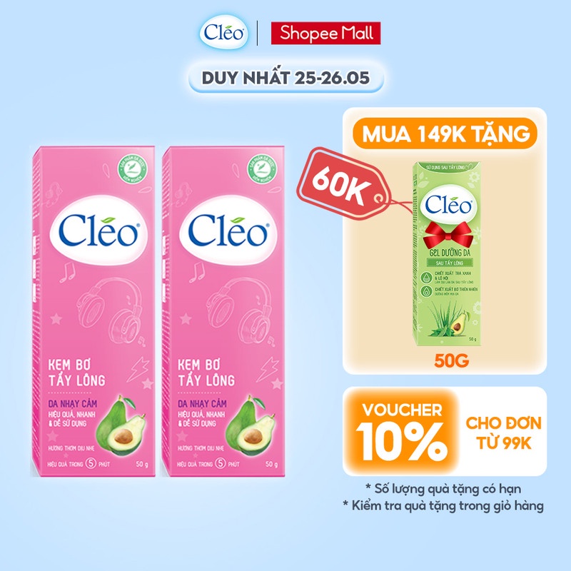 Combo 02 Kem Tẩy Lông Cho Da Nhạy Cảm Cleo Avocado Hair Removal Cream Sensitive Skin 50g